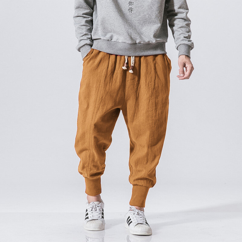MrGB 2023 chiński styl mężczyźni bawełniana pościel Harem spodnie Streetwear człowiek dorywczo biegaczy Harajuku elastyczny pas mężczyzna ponadgabarytowych spodni