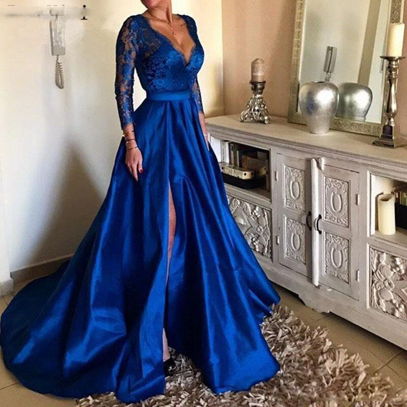 Deep V-Neck A-line Elegant Prom Dress Sexy Length Side Slit Fashion Printing Party Long Court Train Evening Gowns Custom Made