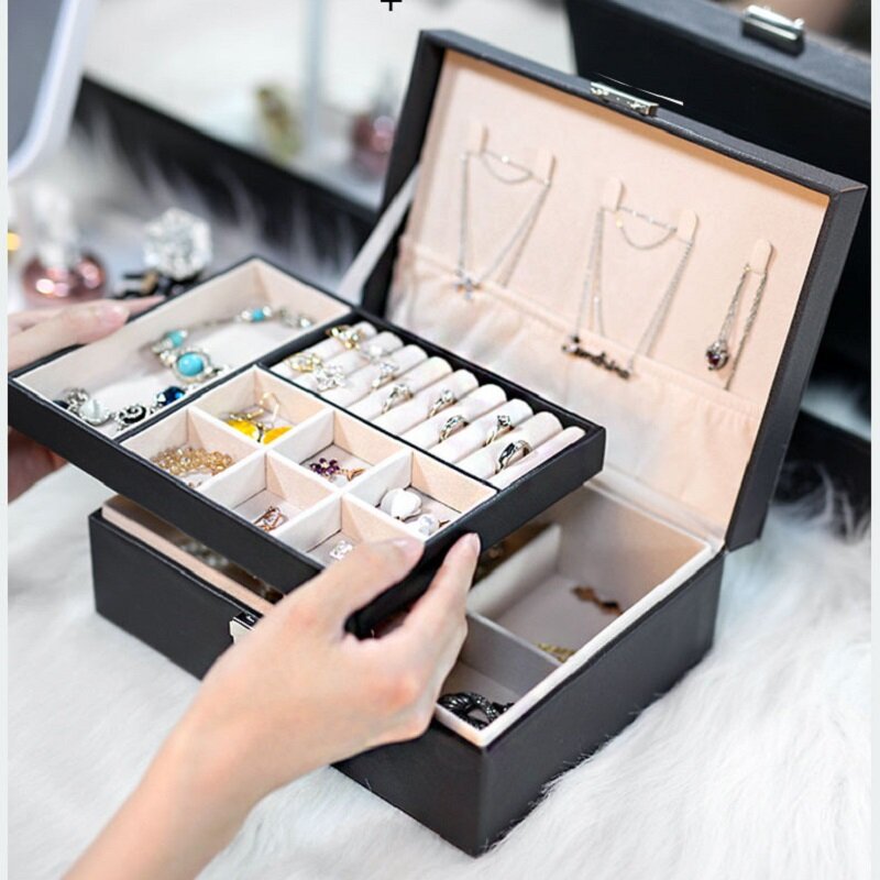 Zlalhaja 1-2 camadas caixa de jóias com bloqueio de couro grande capacidade caixas de armazenamento colar brincos anéis jóias organizador