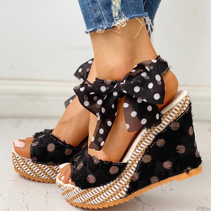 Frauen Sandalen Dot Bowknot Design Plattform Keil Weibliche Beiläufige Hohe Zuneh Schuhe Damen Fashion Ankle Strap Offene spitze Sandalen