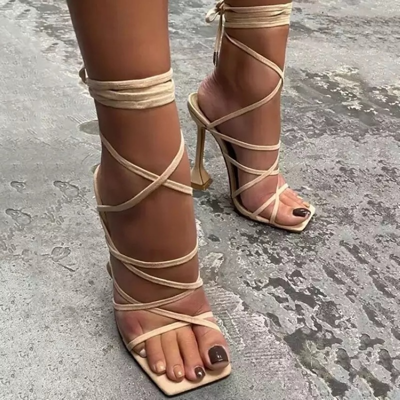 2022 Women Summer Sandals Sexy Peep Toe Ankle Strap Shoe Cross Lace-Up Stiletto High Heels Ladies Party Slipper Shoes