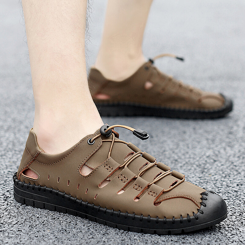 Sandalias de cuero con plataforma hueca para Hombre, Zapatos antideslizantes de suela suave, zapatillas hechas a mano, novedad
