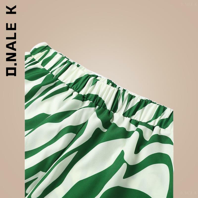 D.Nale-Terno elegante de manga comprida e cintura alta feminino, listras soltas, camisa e calças, conjunto de 2 peças, calças