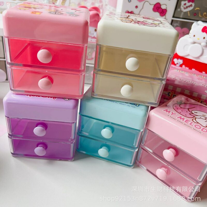 Caja de almacenamiento de dibujos animados Sanrio, caja de clasificación de joyería de doble capa, bonita, My Melody, Cinnamoroll, Kt Cat
