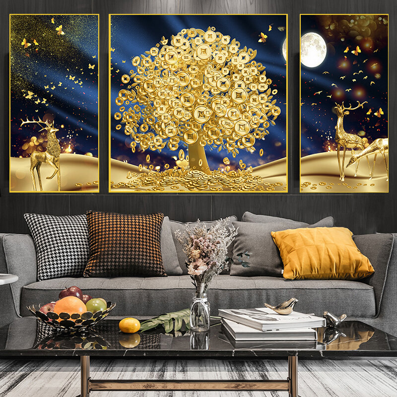 Постер на холсте с изображением золотого оленя, Декор, Картина на холсте в скандинавском стиле, Современные художественные принты, настенны...