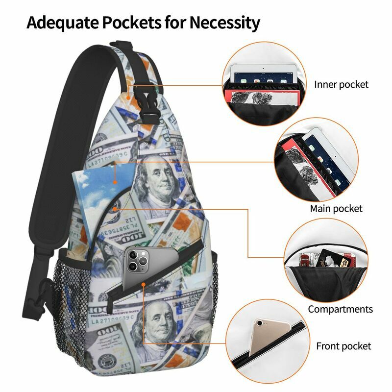 100 US Dollar Banknotes Sling Chest Bag Custom Money Pattern Shoulder Crossbody Backpack for Men Travel Hiking Daypack