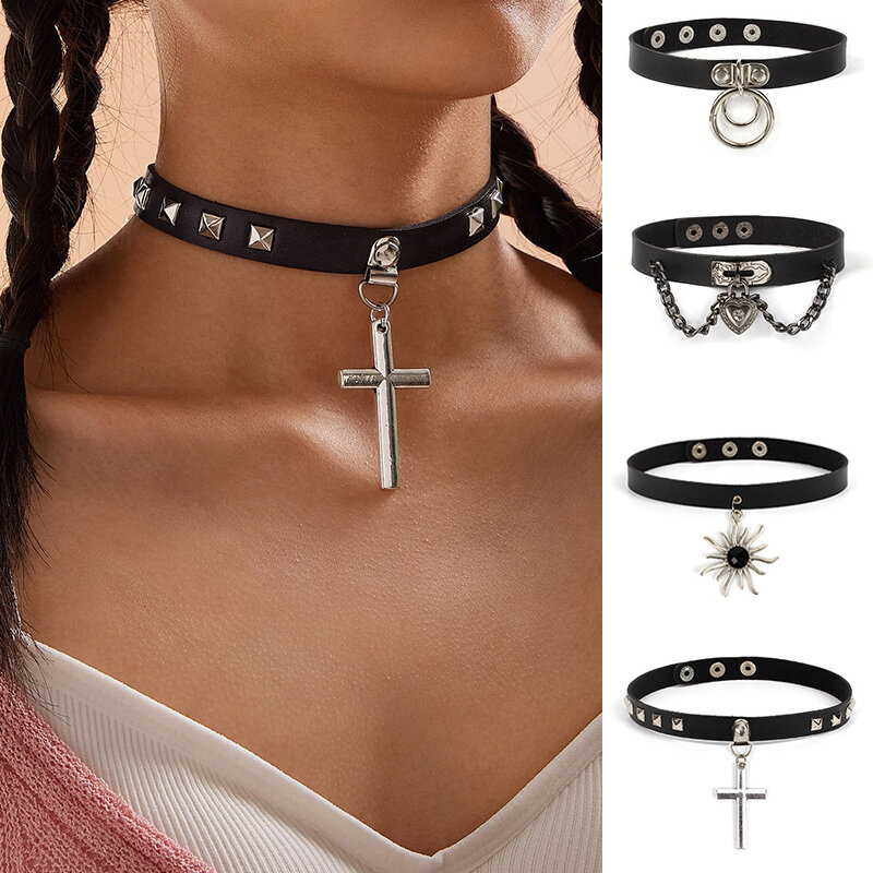 Nowa gotycka punkowa skórzana Choker naszyjnik dla kobiet nastolatki dziewczyny nit krzyż serce kołnierz naszyjnik Rock biżuteria prezenty