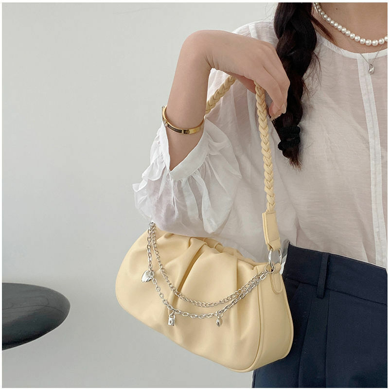 Xiuya Autumn Clouds Shoulder Bag Trendyol Korea Handbags for Women Casual Solid Color Folds Pu Leather Metal Chain Female Bags
