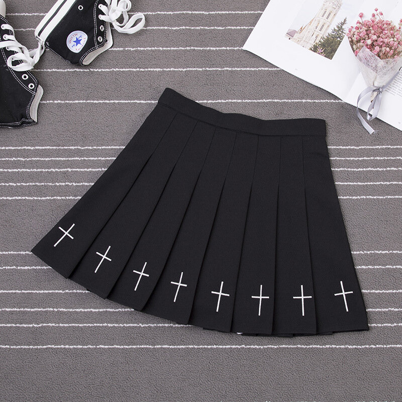 Falda plisada a cuadros de cintura alta para mujer, Falda de baile japonesa de Color sólido, uniforme de Campus, falda elástica, negro oscuro