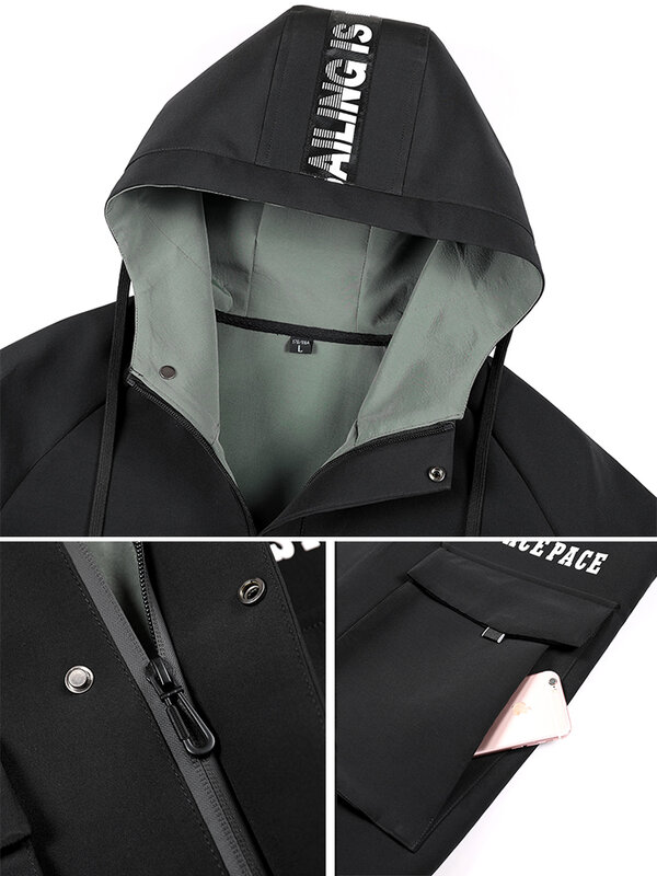Mantel Hujan Panjang Pria Ukuran Plus 2021 Pakaian Jalanan Baru Mode Jaket Anti-angin Pria Hijau Hitam Cetak Jaket Kasual Bertudung 8XL