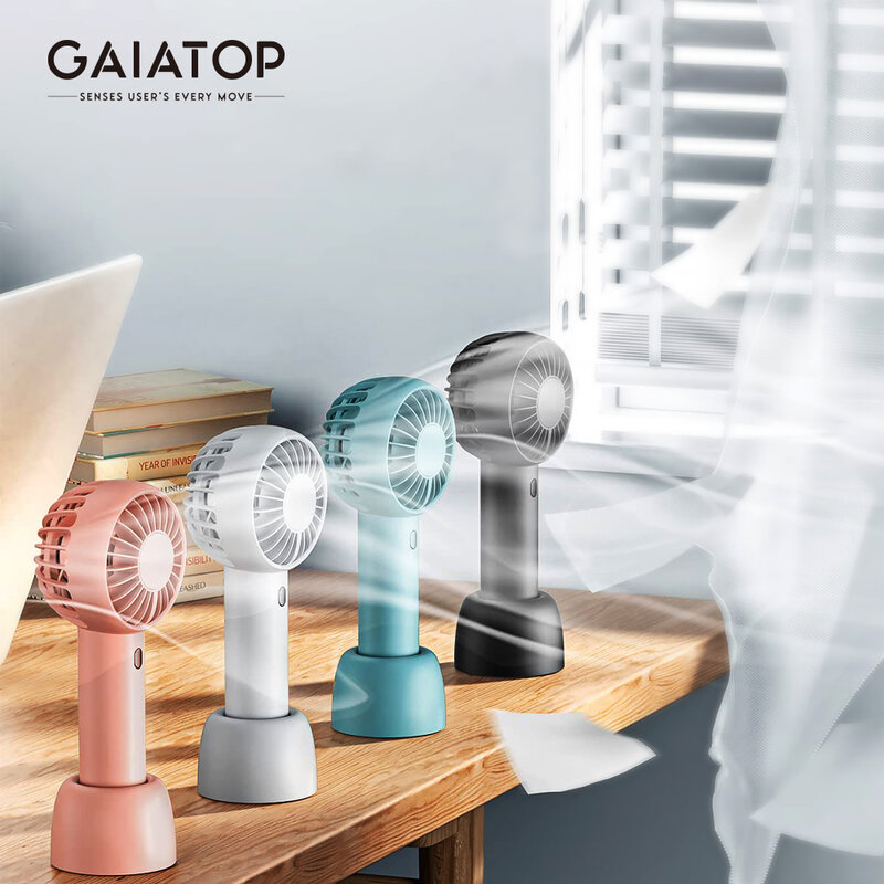 Gaiatop-ポータブルミニハンドヘルドファン,USB充電式,3スピード,パーソナルハンドヘルドファン,屋内および屋外用のベース付き小型ポケットファン