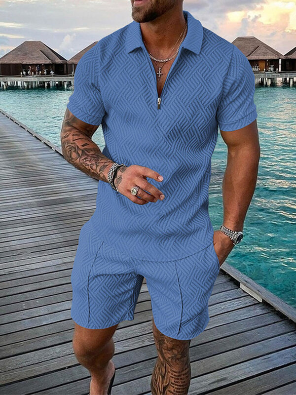 Conjunto de Polo para hombre, camiseta de manga corta con cremallera y pantalones cortos, traje informal de dos piezas, Color sólido, Verano