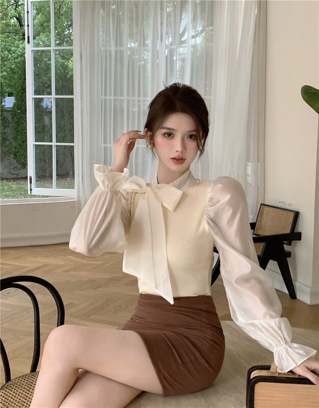 Coreano chique feminino puff manga retalhos de malha magro curto topo blusas moda primavera doce gravata borboleta camisa casual 2022 novo