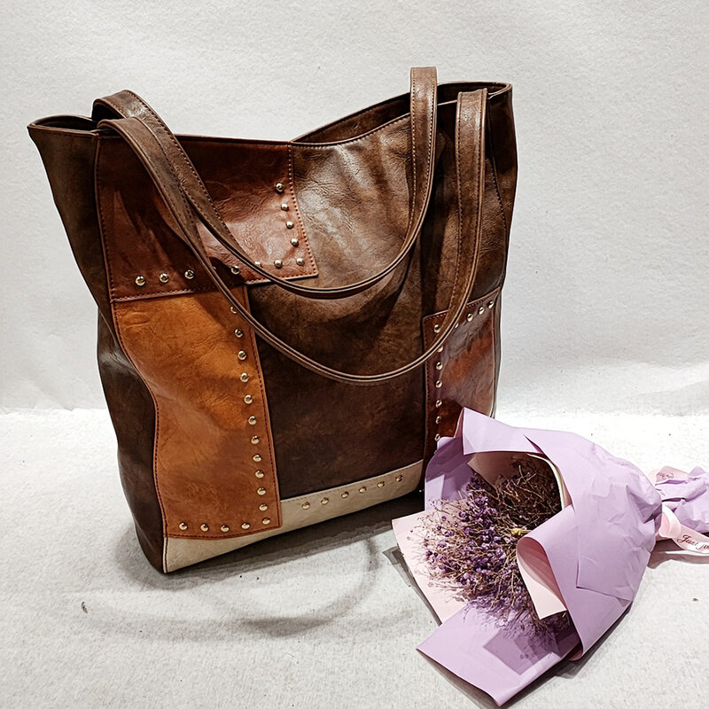 Vintage Handbag for Women Soft PU Leather Shoulder Bag Large Capacity 2022 Fashion Rivets Contrast Color Stitching Shopping Bag