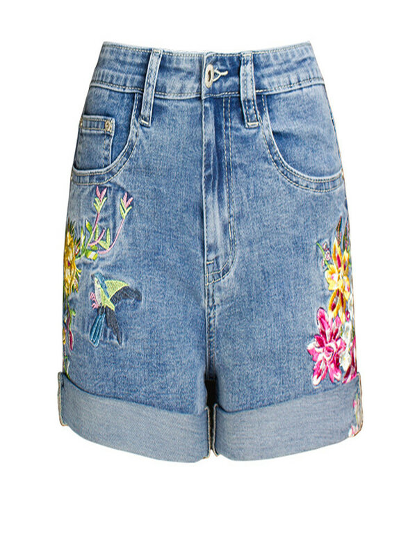 Shorts magros feminino verão bordado flor impressão denim shorts sexy punk strethy feminino meados da cintura quente jeans curto k1608