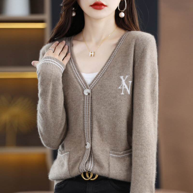 New Autumn And Winter V-Neck 100% Australian Pure Wool Knitted Cardigan Women's Fashion  Long-Sleeved Shirt Knitted Jacket