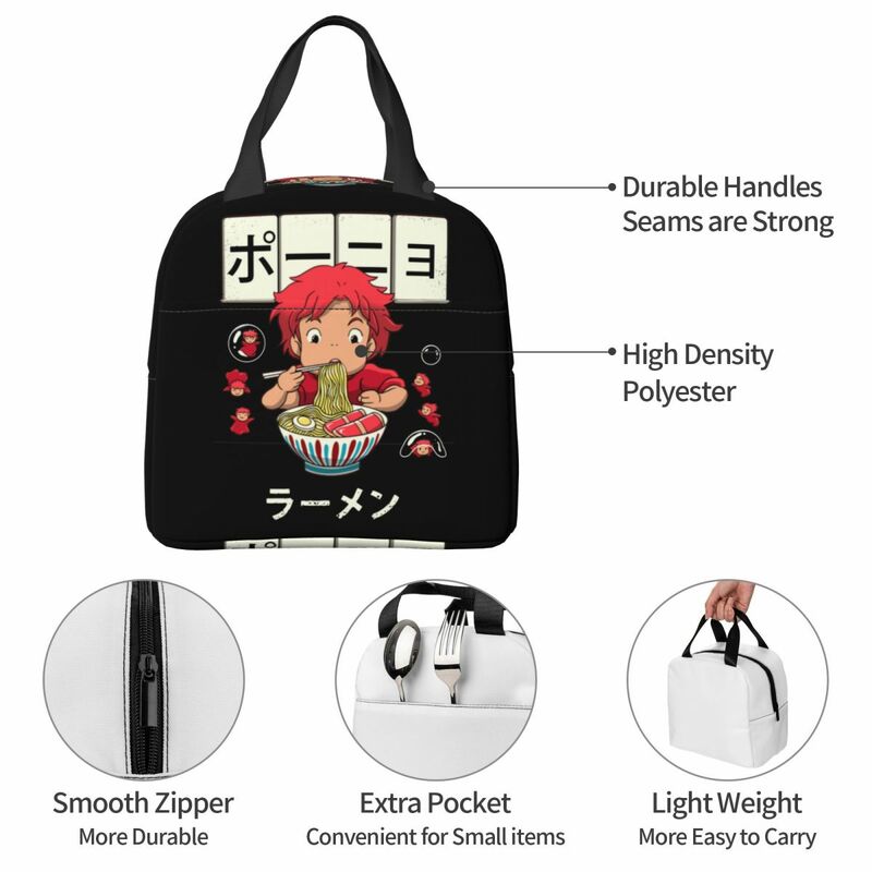 Lunch Bag for Women Kids Ponyo On The Cliff Ramen Thermal Cooler Bag Portable Picnic Ghibli Canvas Lunch Box Handbags