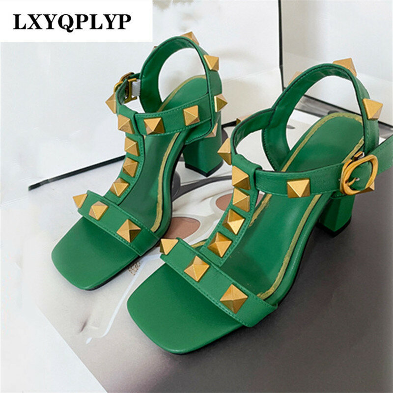 Square Head Thick Heel Rivets Nightclub Banquet Workplace Sexy Fashion Brand New Spring and Summer Women's Sandals