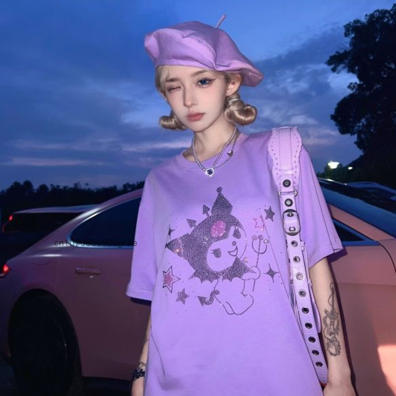 Kuromi-Camiseta de manga corta con diamantes de dibujos animados para mujer, Camiseta de cuello redondo, ropa de calle estética gótica, Tops delgados Y2k para chica