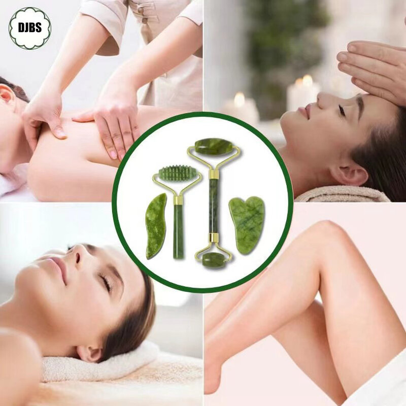 Rullo di giada naturale Gua Sha Set massaggiatore per viso guazzo raschietto rullo Set cura della pelle del viso bellezza salute strumenti di massaggio