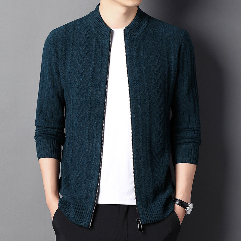Camisola de lã pura masculina com zíper cardigan outono e inverno gola jacquard coreano jaqueta engrossada camisola masculina