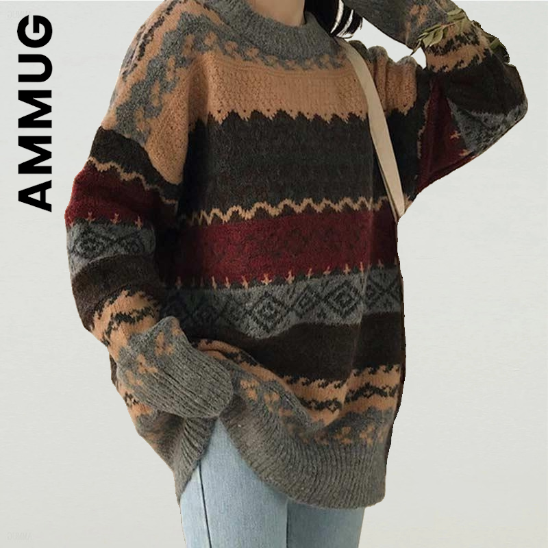 Ammug-o넥 패션 니트, 여성 스웨터 점퍼, 스위트 스웨터, 숙녀용 세련된 레저 니트 스웨터, 부드러운 풀오버, 니트웨어