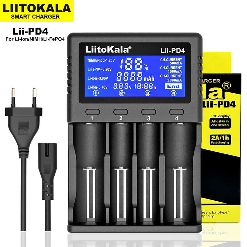 Liitokala Lii-500/Lii402/Lii-202/Lii-100/1.2V/3.7V 18650/26650/18350/16340/18500/AA/AAA NiMH caricabatteria al litio spina 5V 2A