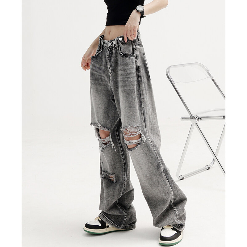 Женские джинсы в стиле Харадзюку, Свободные повседневные мешковатые джинсовые брюки с широкими штанинами в стиле хип-хоп, длинные брюки в г...