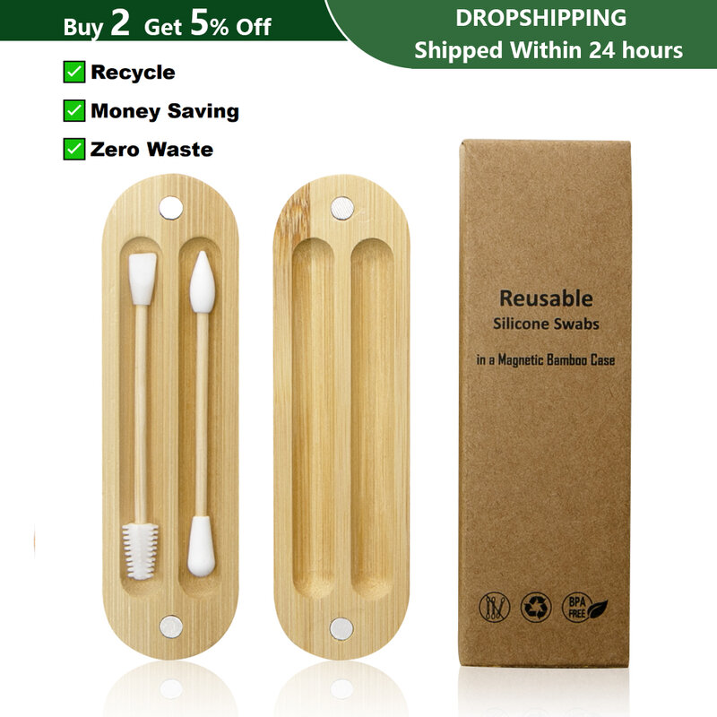 Wielokrotnego użytku waciki uszy zestaw z podróży magnetyczne etui bambusowe przyjazne dla środowiska silikonowe waciki zmywalne waciki Make Up Remover