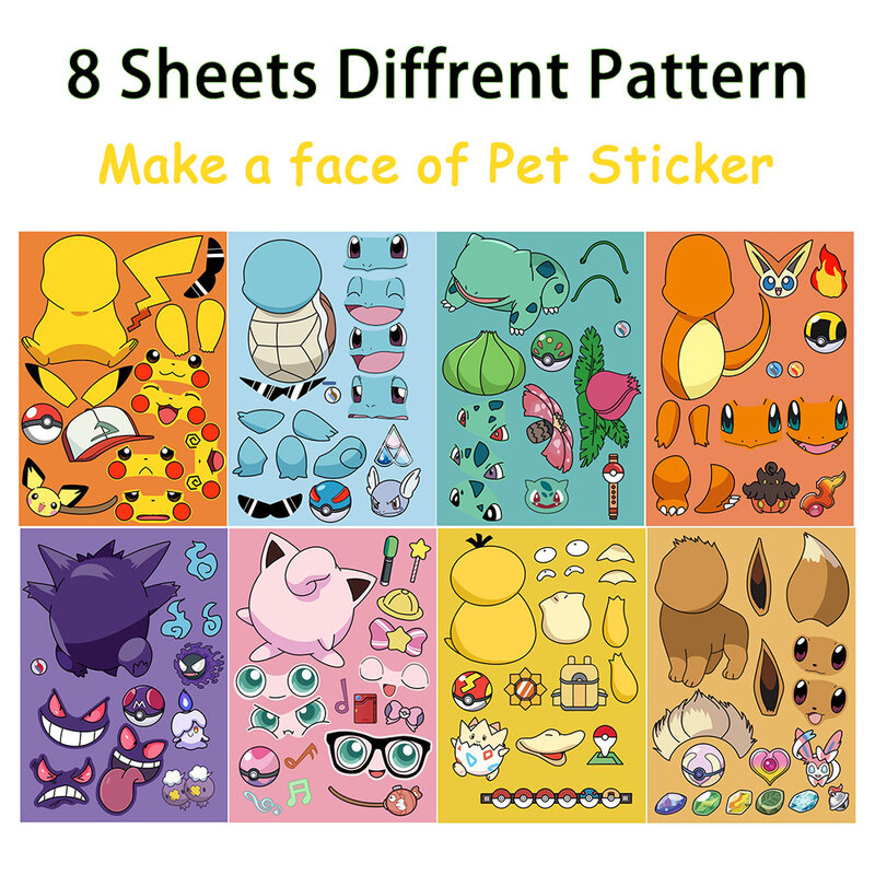 16Sheets Children DIY Puzzle Sticker Pokemon Face Funny Anime Pikachu Assemble Stickers Kids Toys Boys Girls Gifts