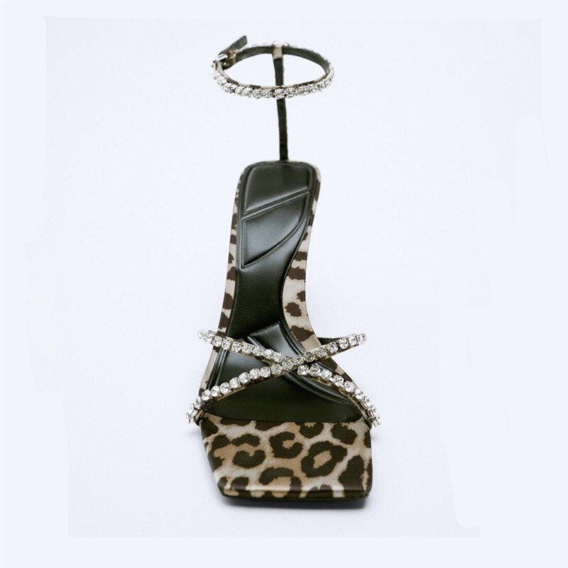 Sandales imprimé léopard pour femmes, chaussures d'été à talons hauts et boucles croisées, strass, grande taille