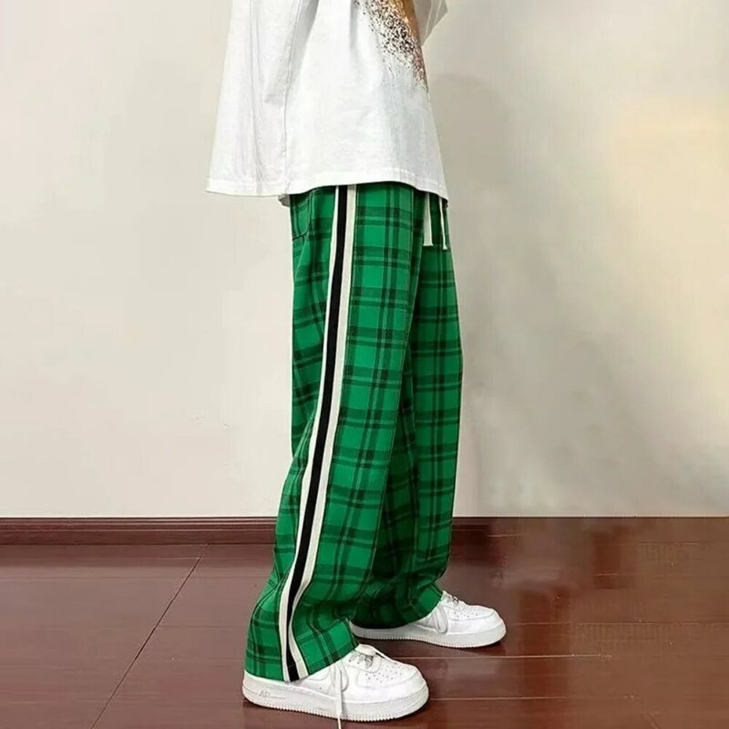 Calças esportivas de rua soltas hip-hop calças de perna larga em linha reta preto e branco calças xadrez lazer calças de jogging fino