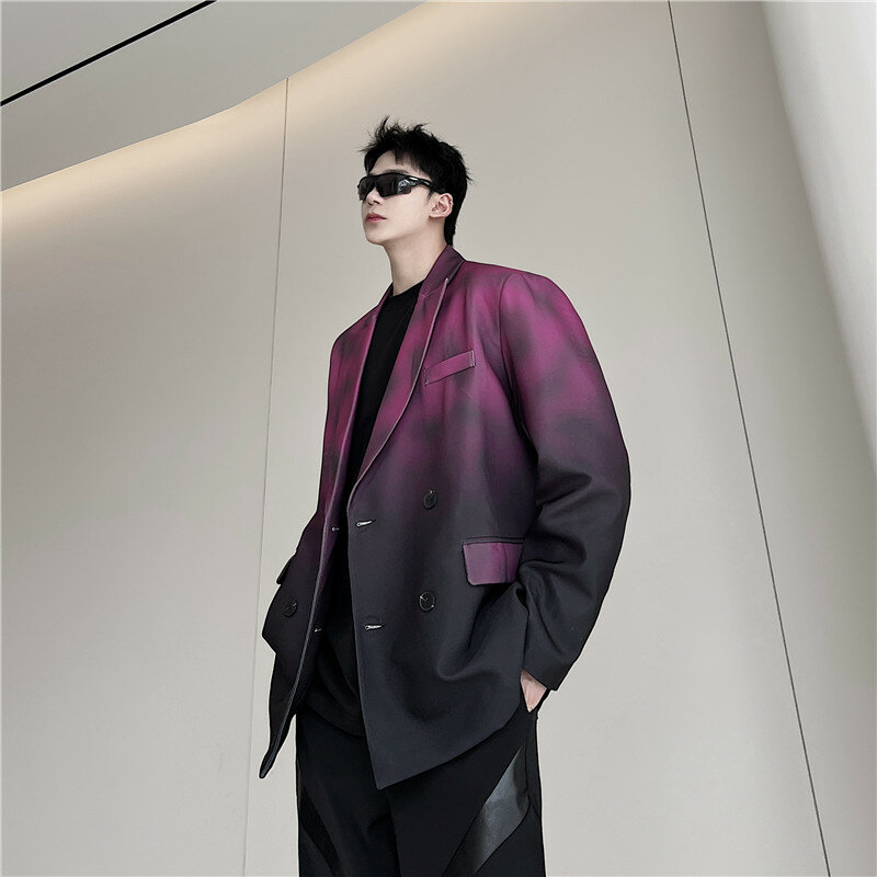 Men Suit Jacket Gradient Digital Printed Original Designer Blazer Personality Double Breasted Casual Chic Streetwear Suit Coat