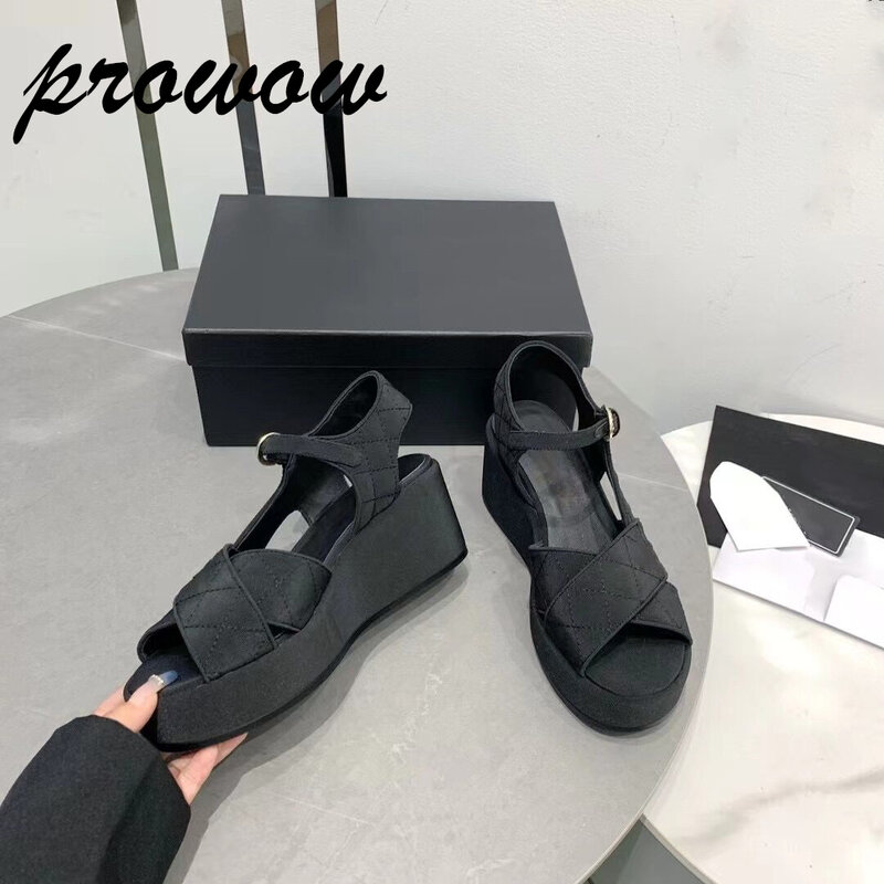 Prowow New Genuine Leather Open Toe Buckle Strap Wedges Sandals Black Beige Summer Sanals Heels Platform Shoes Women