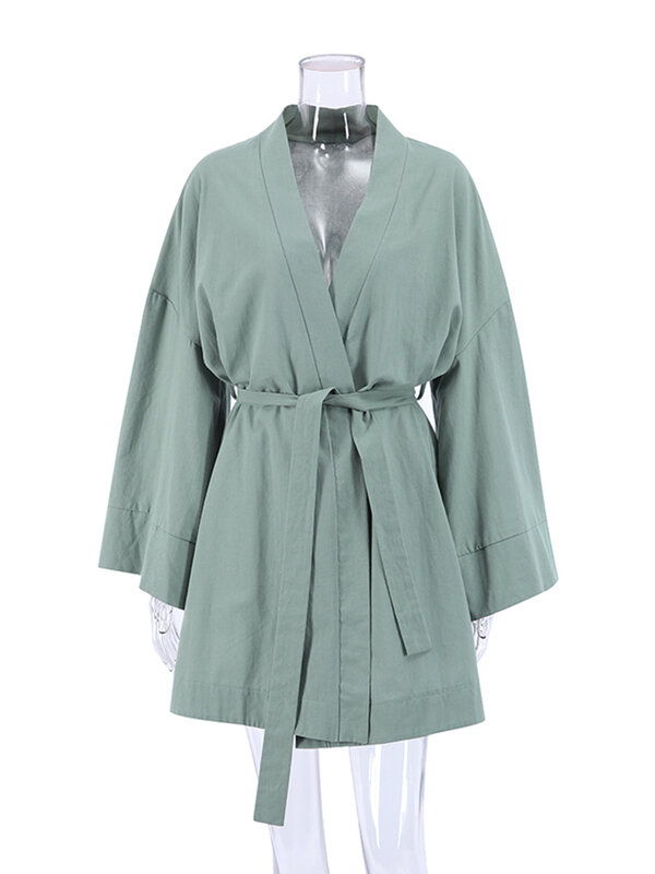 Hiloc verde solto robes para mulher sleepwear algodão manga longa vestido feminino sexy mini vestido 2022 primavera roupão feminino