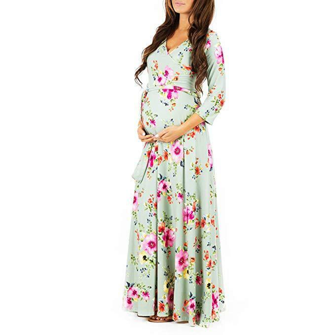 Ibu Baru Gaun Deep V-neck Maternity Dress Sexy Fashion Tujuh Kuartal Lengan Mengepel Rok Panjang Wanita Hamil Foto Pakaian