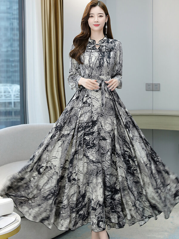 2022New koreański kobiet jesień zima szyfonowa sukienka O Neck z długim rękawem odchudzanie Vintage eleganckie damskie szaty spódnica linii