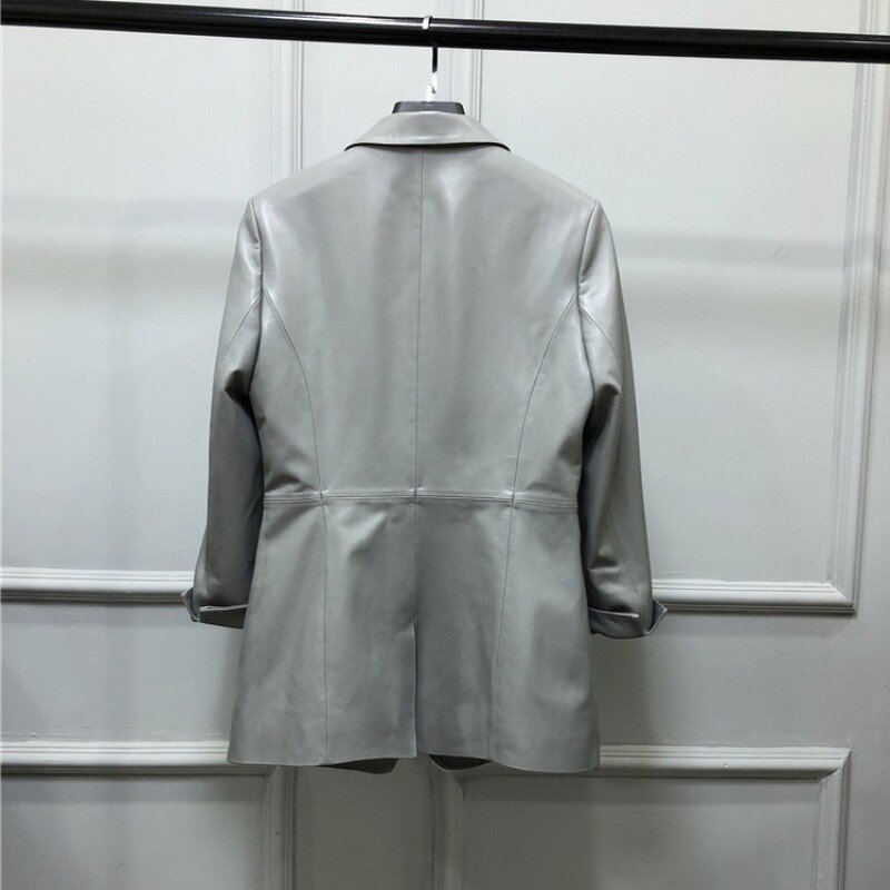 Senhoras do elegante escritório único botão real jaqueta de couro fino ajuste colar turndown windbreakers jaquetas outerwear feminino