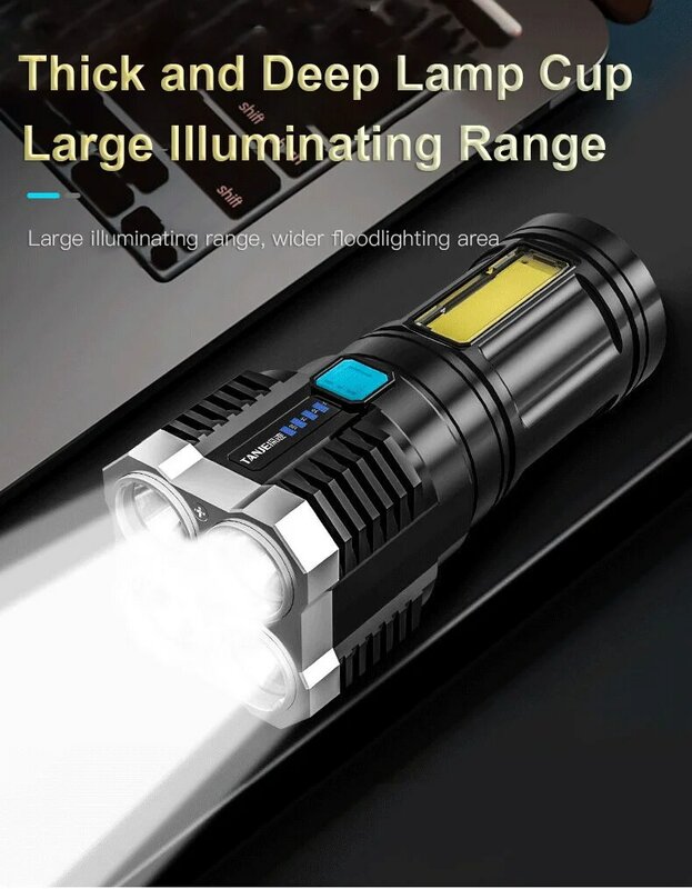 Lampe de poche d'extérieur multifonction à 4 cœurs, projecteur Led Super lumineux, Rechargeable, longue portée, affichage de la batterie COB