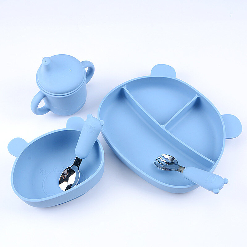 Bear Shape Silicone Bowl Suction Plate Feeding Baby Spoon Fork Cute Cartoon Children Dishes Baby Divided Plate Kids Tableware