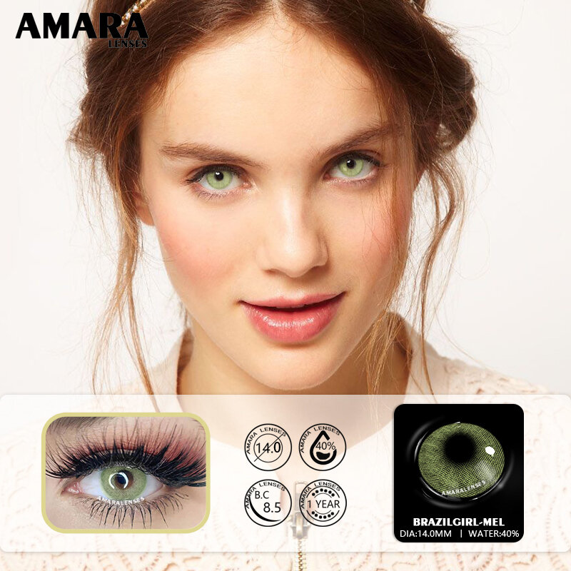 Amara-目用の青いコンタクトレンズ,化粧用の天然アクセサリー,緑のケース付き,2個