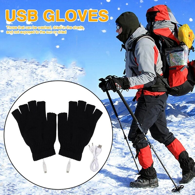 Women Men Electric Heating Gloves Winter Warm USB Heated Gloves Fingerless 5V Rechargable Waterproof for Running Cycling Skiing