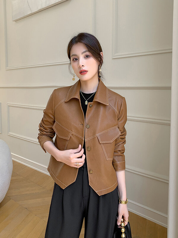 Casual Women's Genuine Leather Jacket Spring Autumn Fashion Single-breasted High-end Bubble Sheepskin Coats Short Outerwear