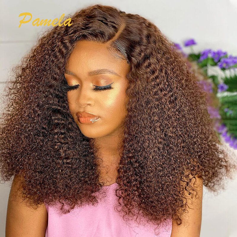 Brazilian  13x4 Brown Chocolate Kinky Curly Full Lace Front Wigs 4# Human Hair Wigs HD Transparent Lace Frontal Wigs For Women