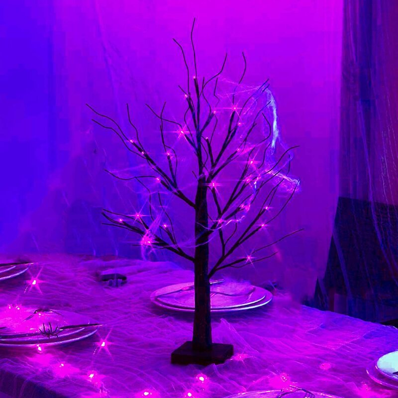 Pohon burung LED 60CM 36 baru Halloween dengan lampu oranye pengatur waktu pohon meja bertenaga baterai untuk dekorasi rumah dalam ruangan