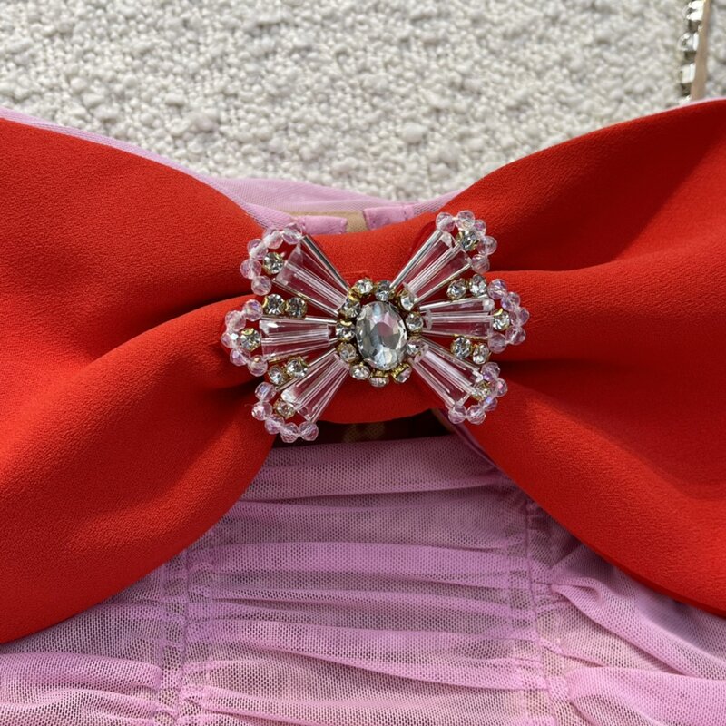 2-Pakaian Wanita Gaun Mini 2022 Pakaian Desainer Busur Merah Muda Manik-manik Berlian Antik Keluaran Baru Musim Gugur