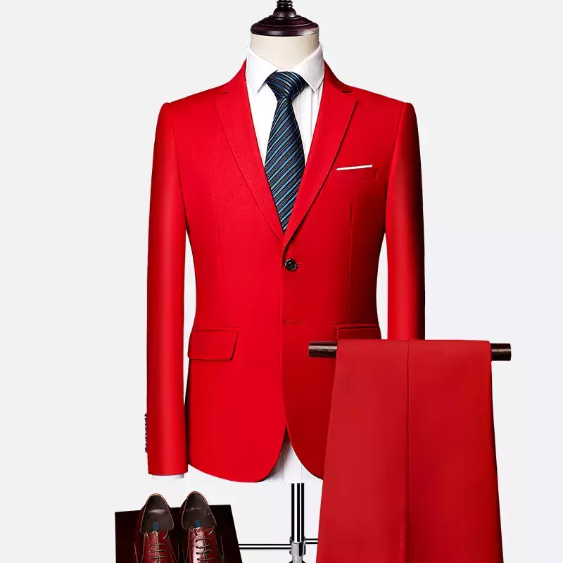 Ropa de trabajo informal de negocios para hombre, traje ajustado de Color sólido de talla grande, conjunto de 2 piezas para novio de Boda (chaqueta + Pantalones) S-2019