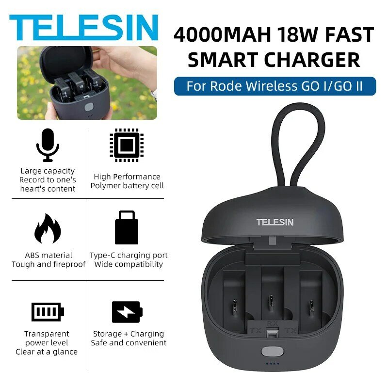 TELESIN – boîtier de chargement 18W, 4000mAh, pour Rode Wireless GO I II, chargeur rapide intelligent, Microphone sans fil, avec lumière LED
