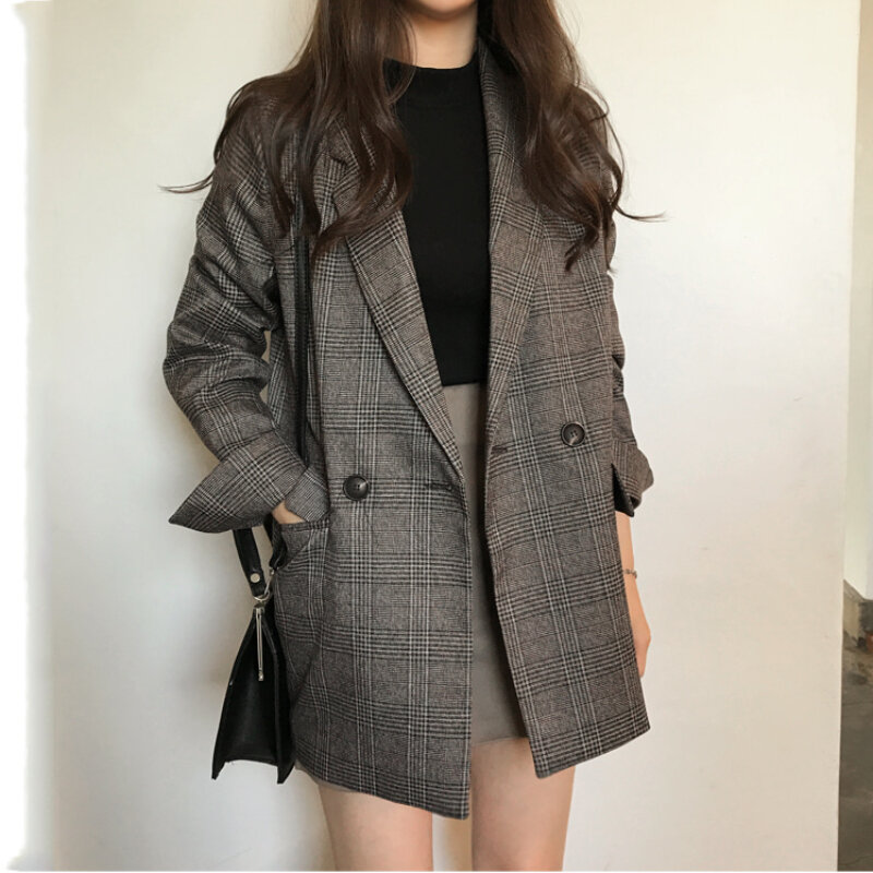 Blazer feminino ternos verificar manga longa algodão jaqueta coval vintage casaco xadrez blazer casaco entalhado sólido elegante feminino topos 99i