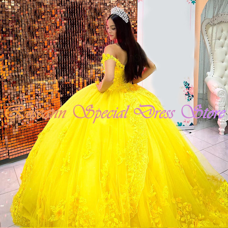 Желтое Тюлевое платье Quinceanera мексиканское милое ТРАПЕЦИЕВИДНОЕ женское 3D Цветочное платье на шнуровке Vestidos De XV Anos